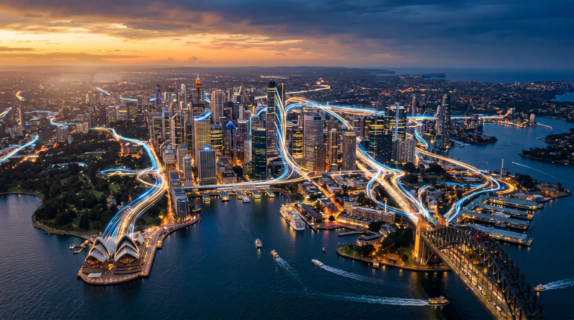 Sydney at dusk with illuminated network paths connecting the city