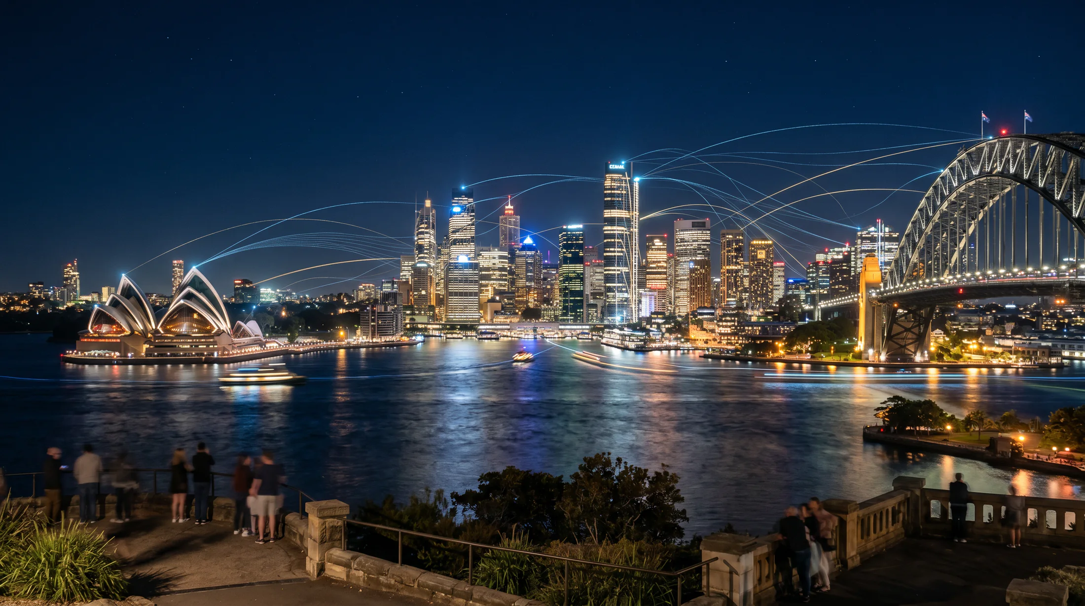 Sydney Harbour at night with network connections spanning the city