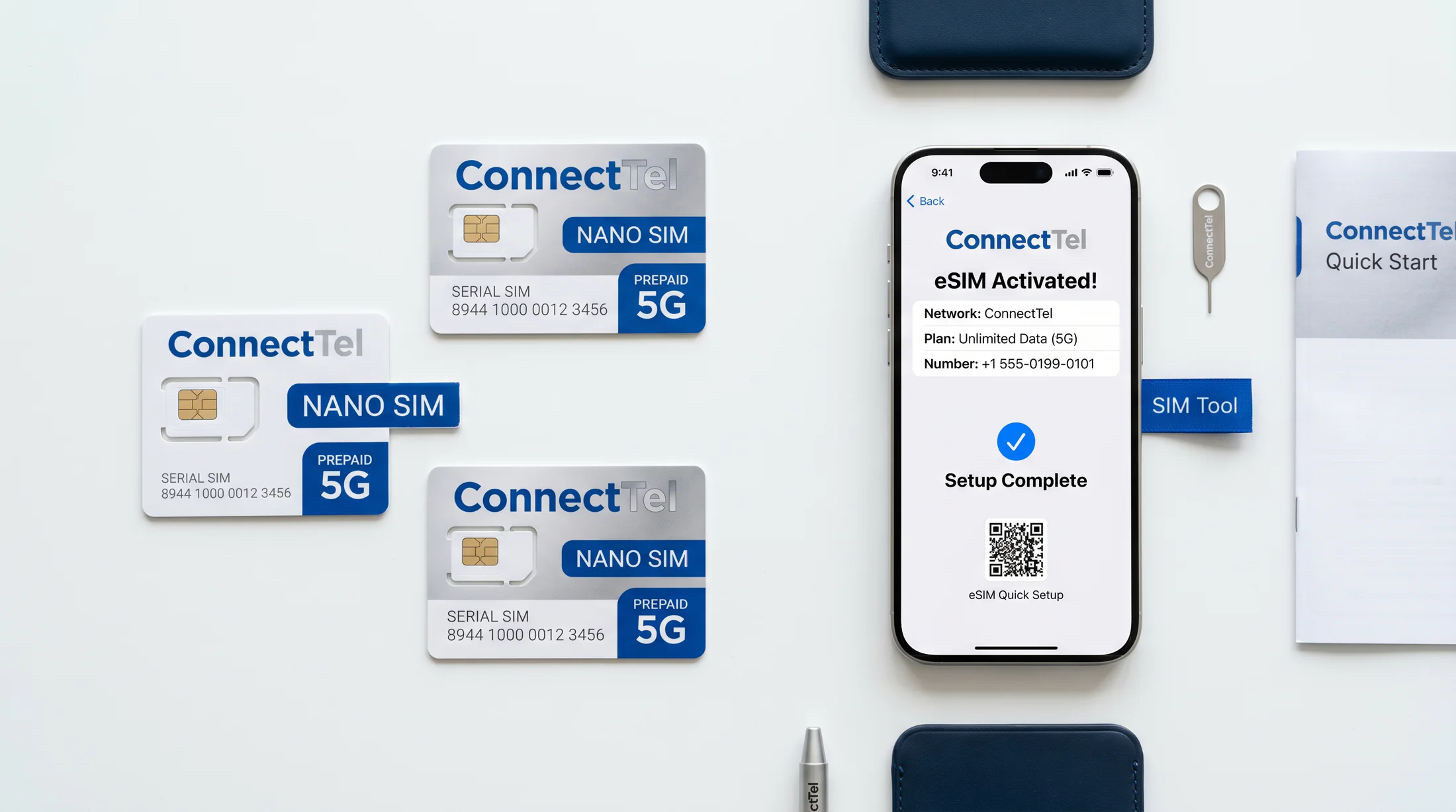 Physical SIM cards and an activated eSIM representing an MVNO service
