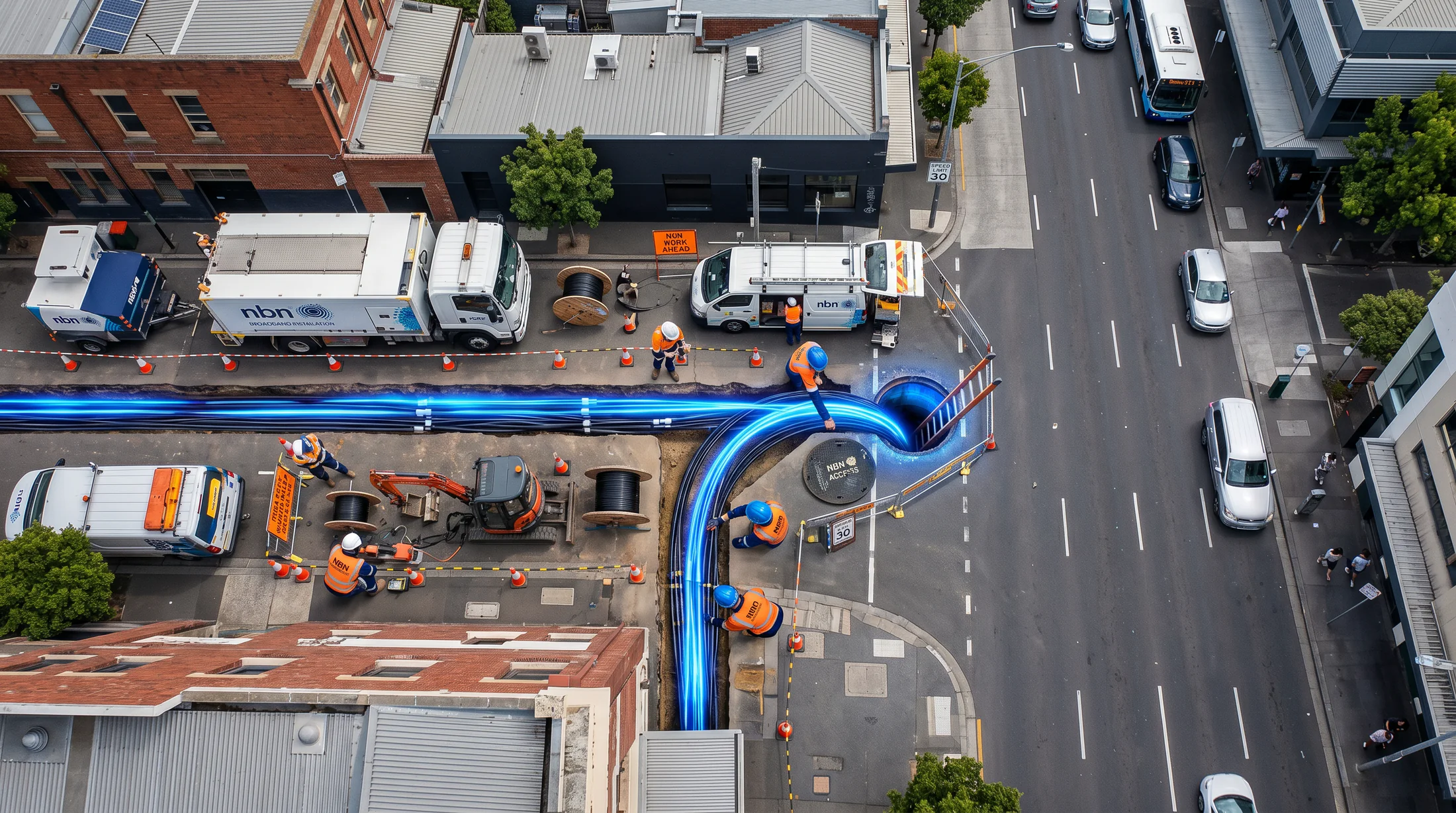 An NBN fibre installation underway in an Australian city street