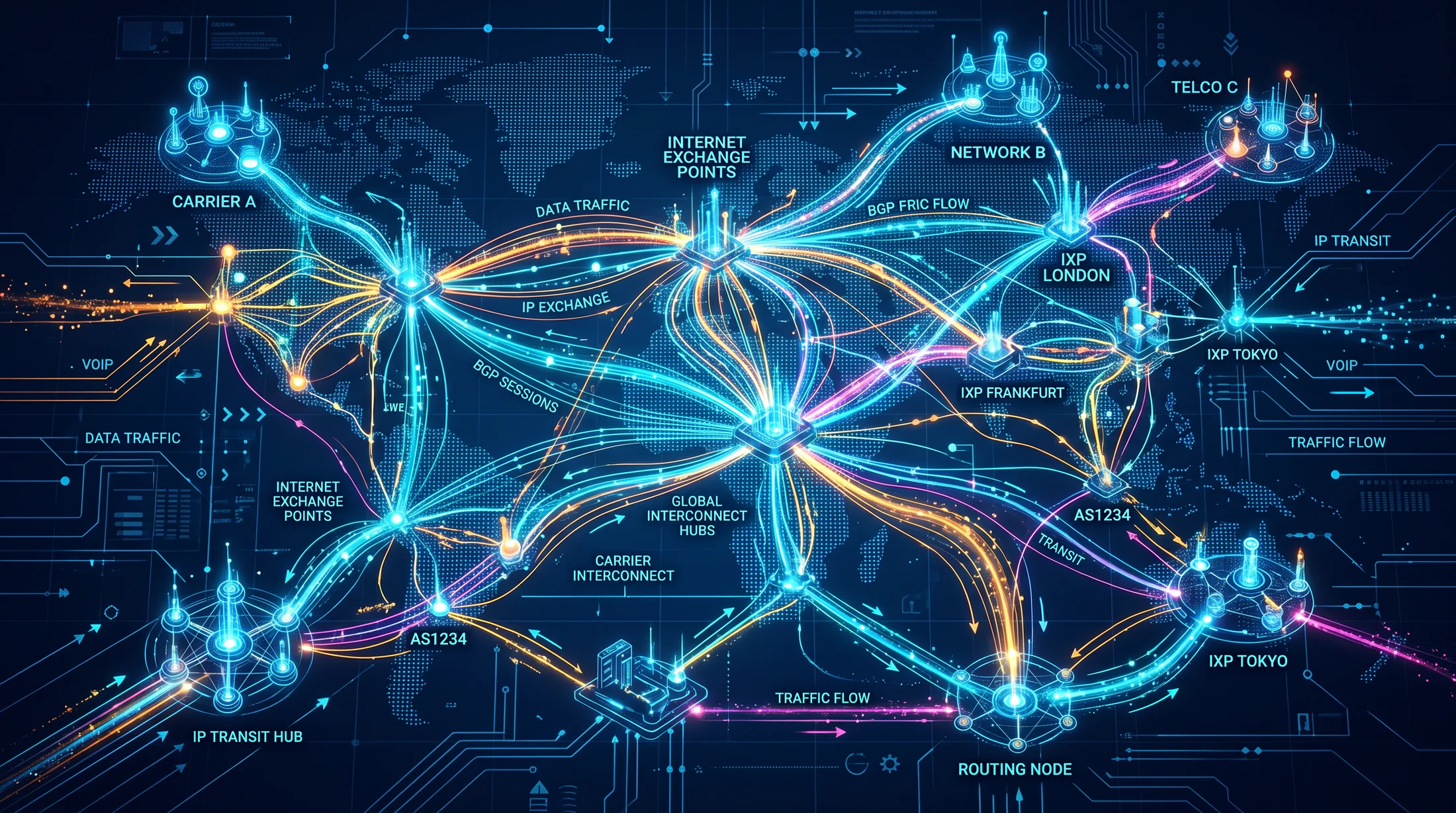 Global carrier networks and internet exchange points interconnected by traffic flows