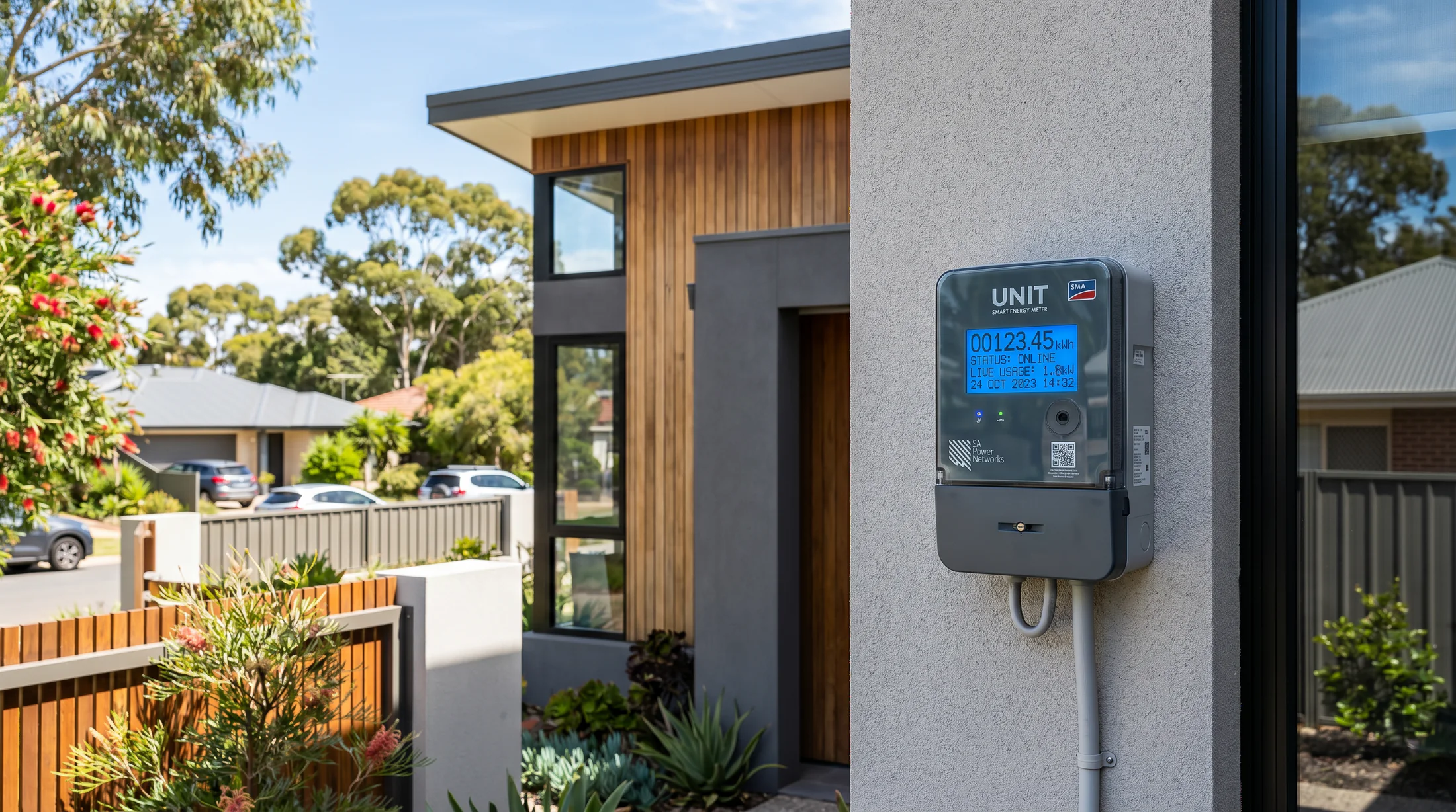 A connected smart electricity meter installed on an Australian home