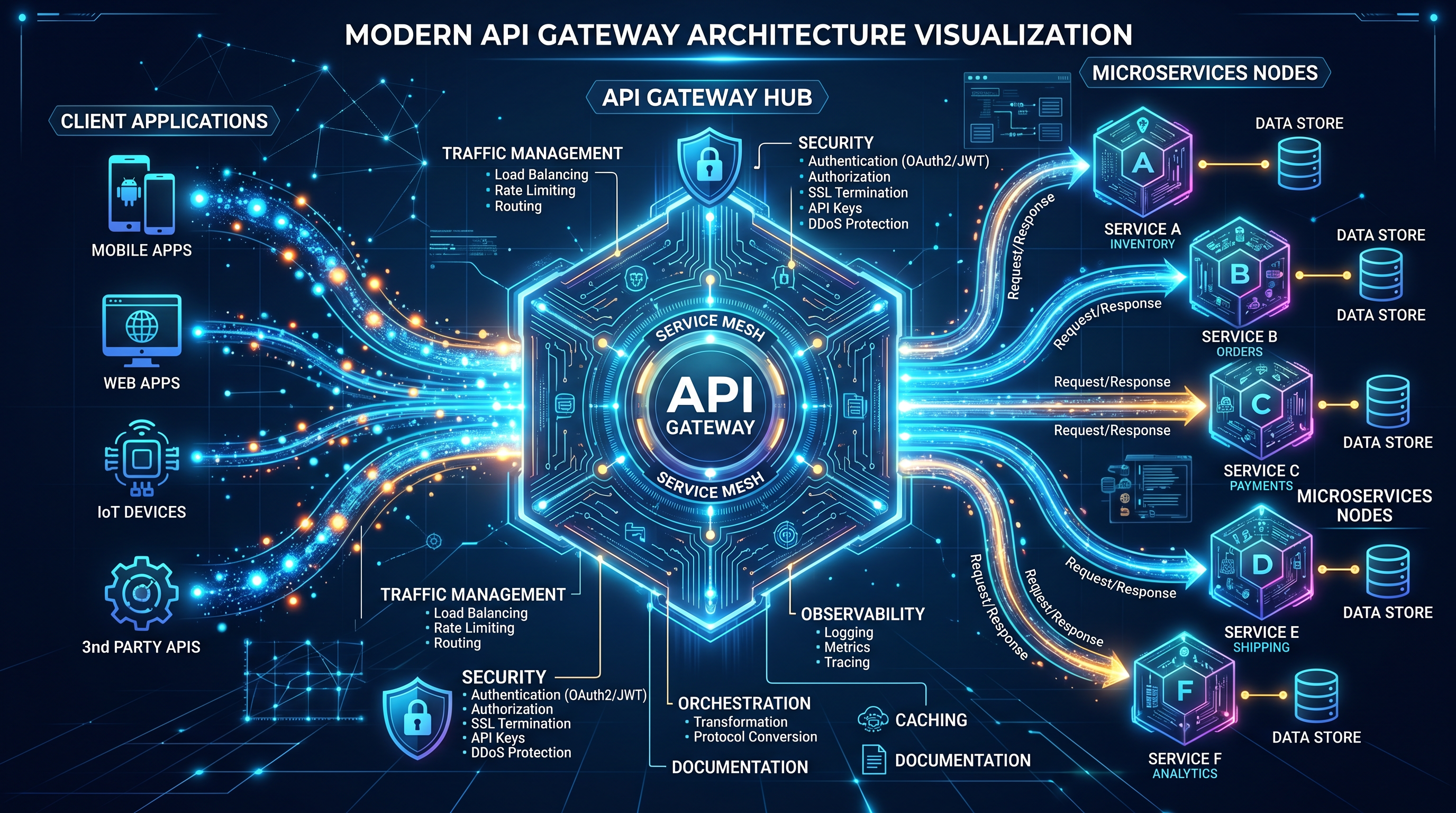 API gateway diagram connecting applications, services, security and data stores