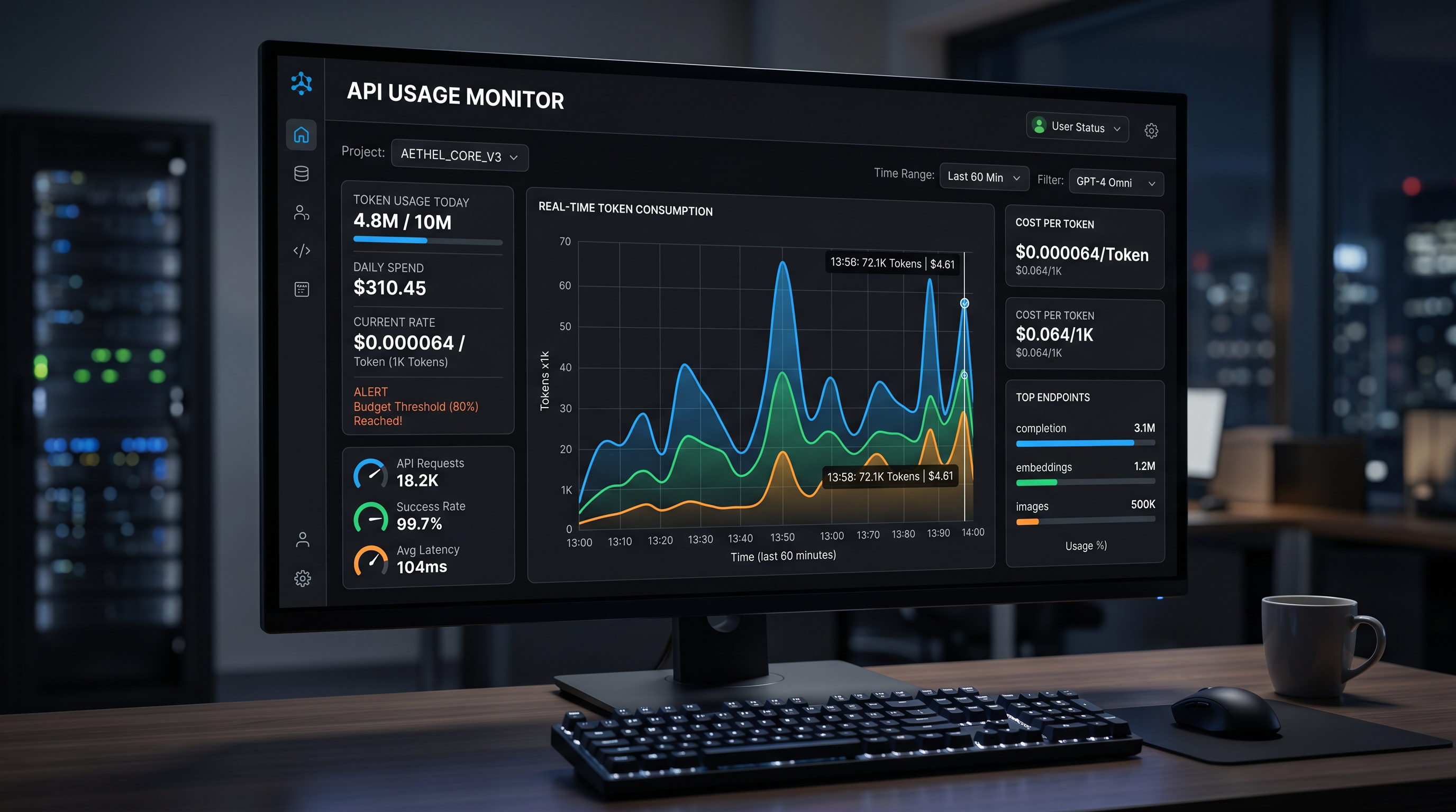API usage monitor displaying token consumption, spend and endpoint activity
