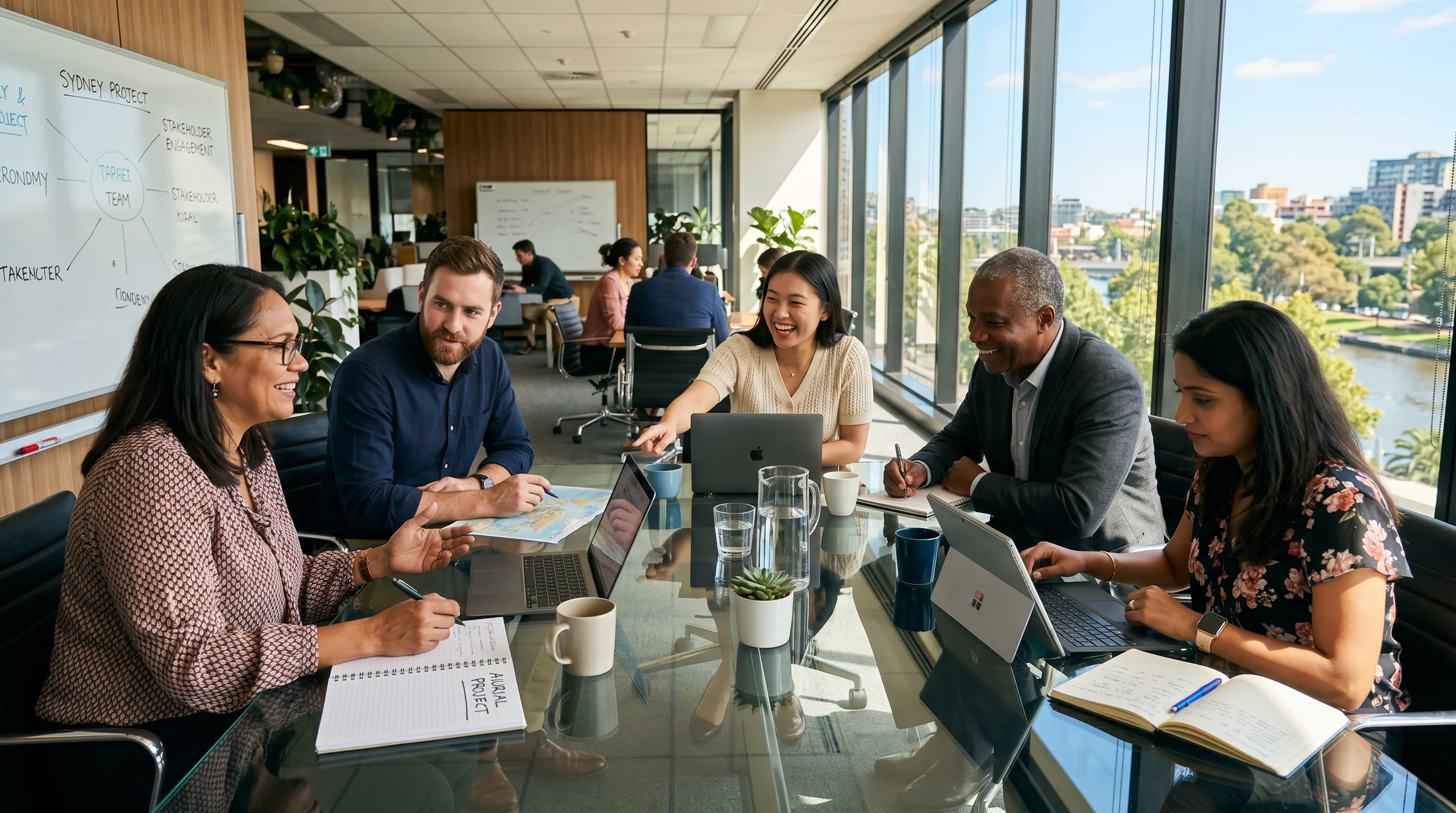 A diverse regional team collaborating around a meeting table