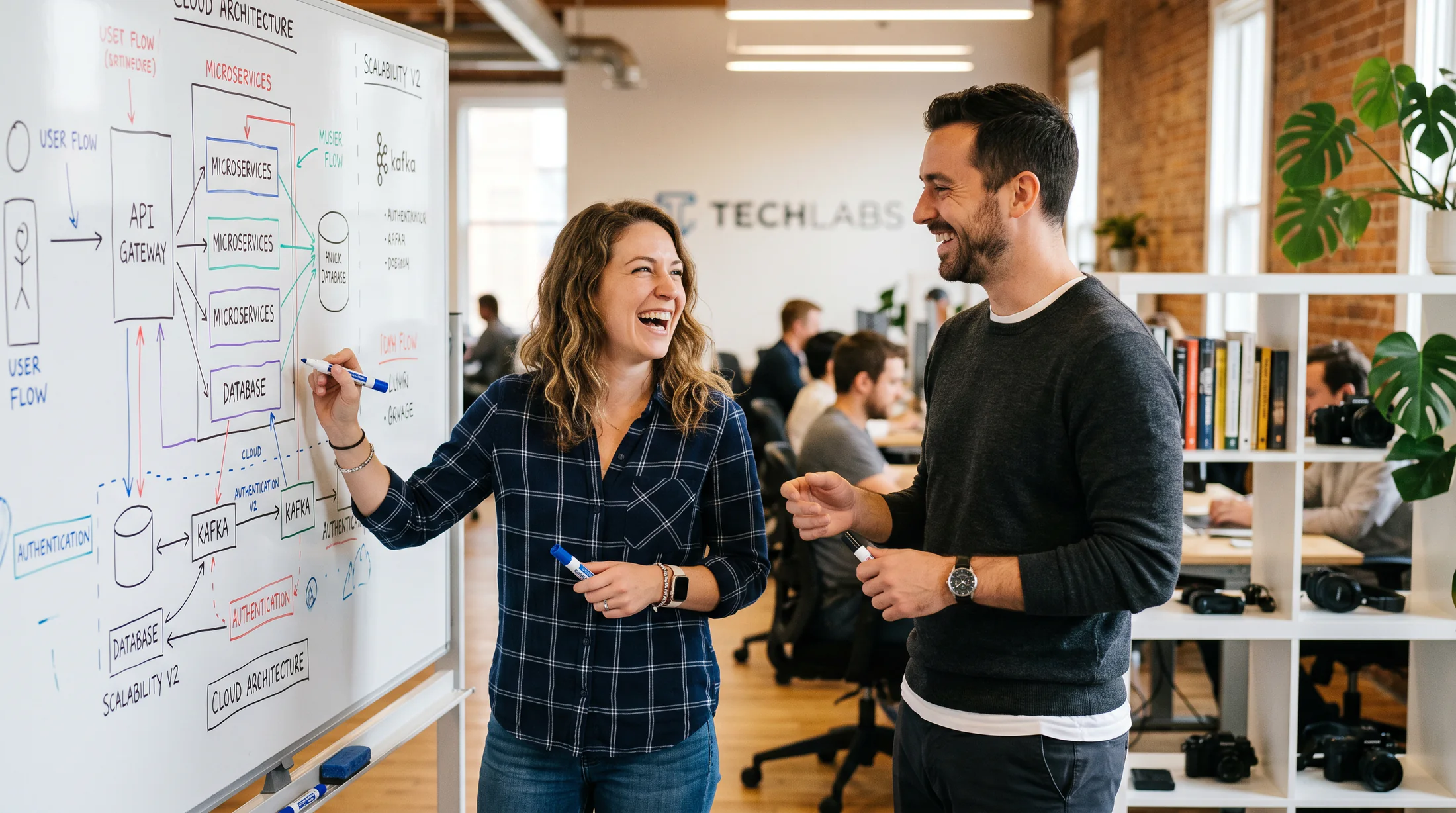 Software engineers discussing API and cloud architecture at a whiteboard