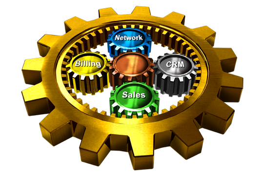 The Selcomm engine — interlocking gears representing Billing, Network, CRM, and Sales