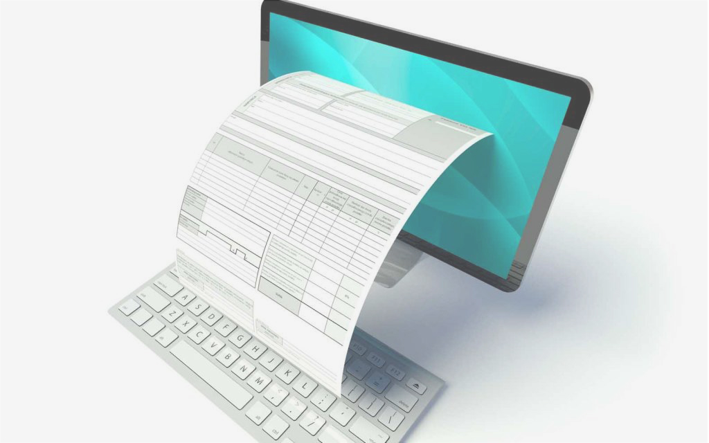 Digital invoice emerging from a laptop computer