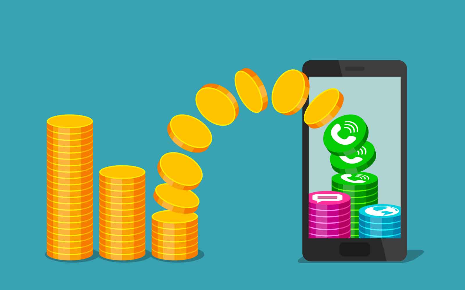 Illustration of coins flowing between usage stacks and a smartphone with communications icons