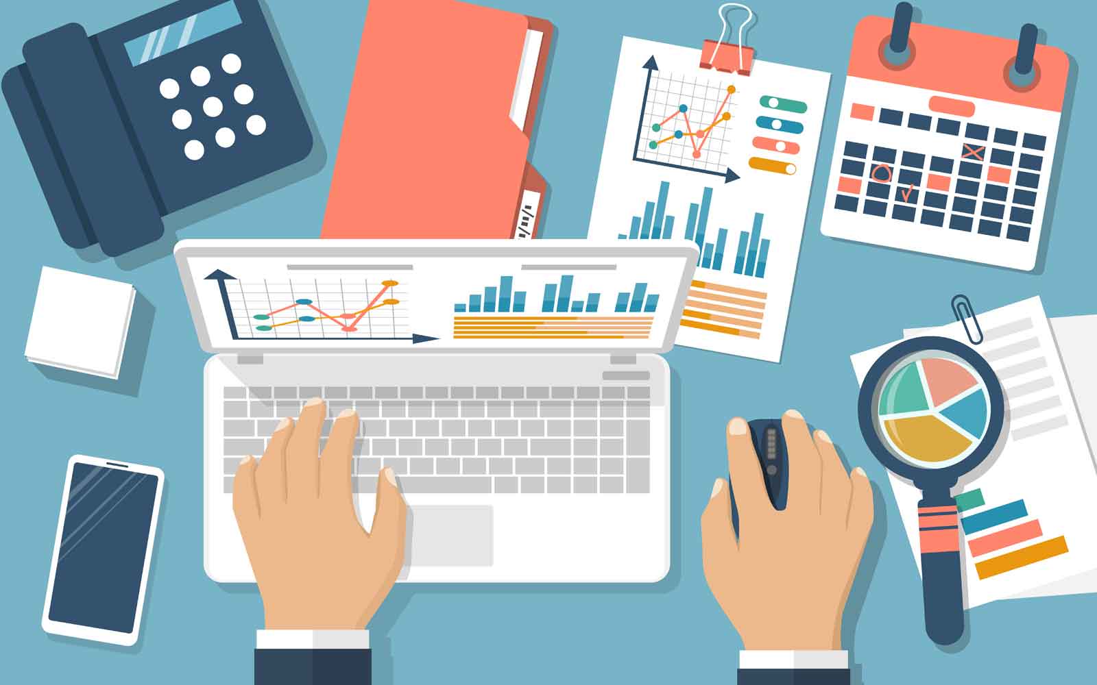 Illustrated analytics workspace with a laptop, charts, calendar and magnifying glass