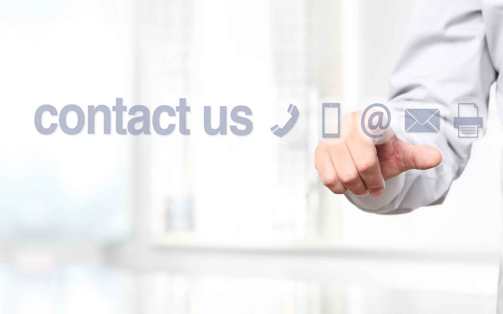 Person selecting contact options beside telephone, mobile, email and print icons