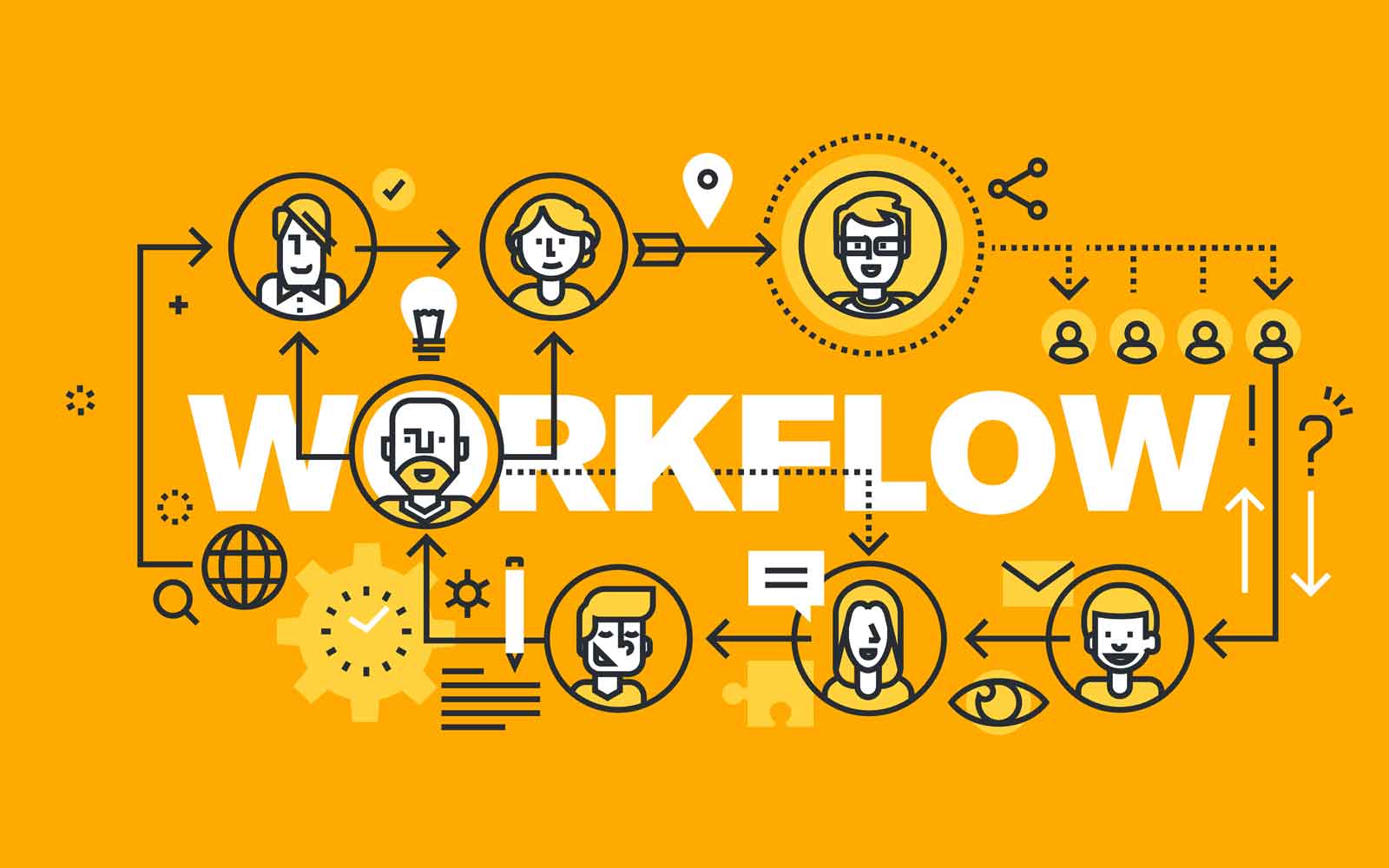 Illustrated workflow connecting people, messages, decisions and shared tasks
