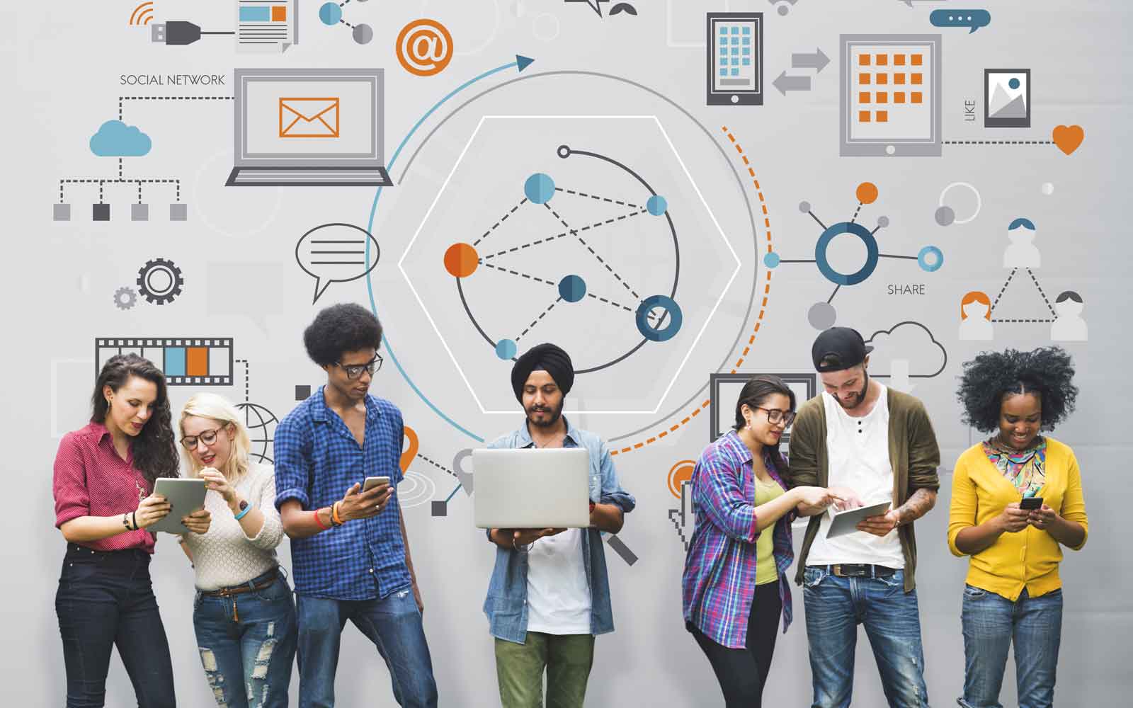 Group of people using connected phones, tablets and laptops beneath a network diagram