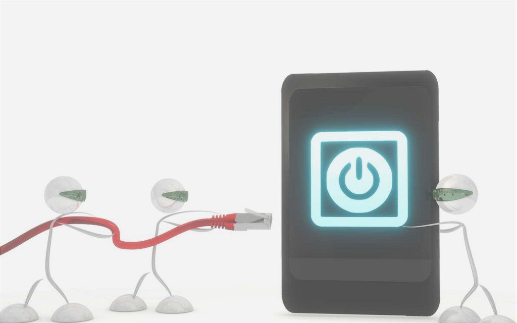 Network cable being connected to a device displaying an illuminated power symbol