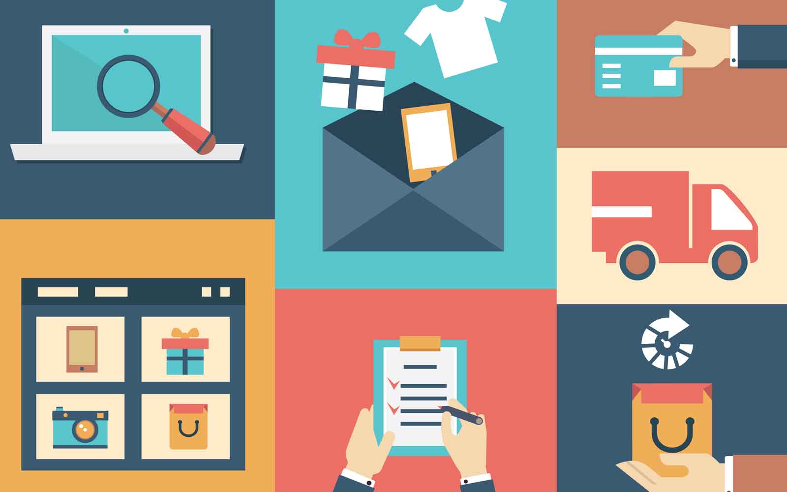 Illustrated online ordering process with search, payment, fulfilment and delivery icons