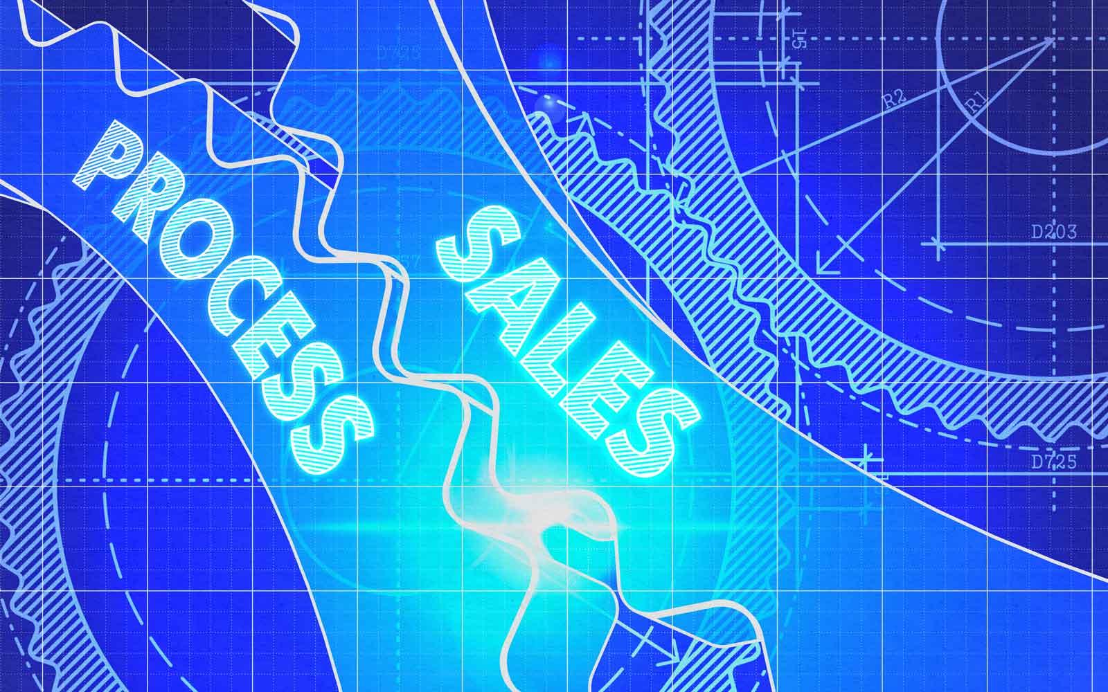 Blueprint-style illustration joining the words Process and Sales