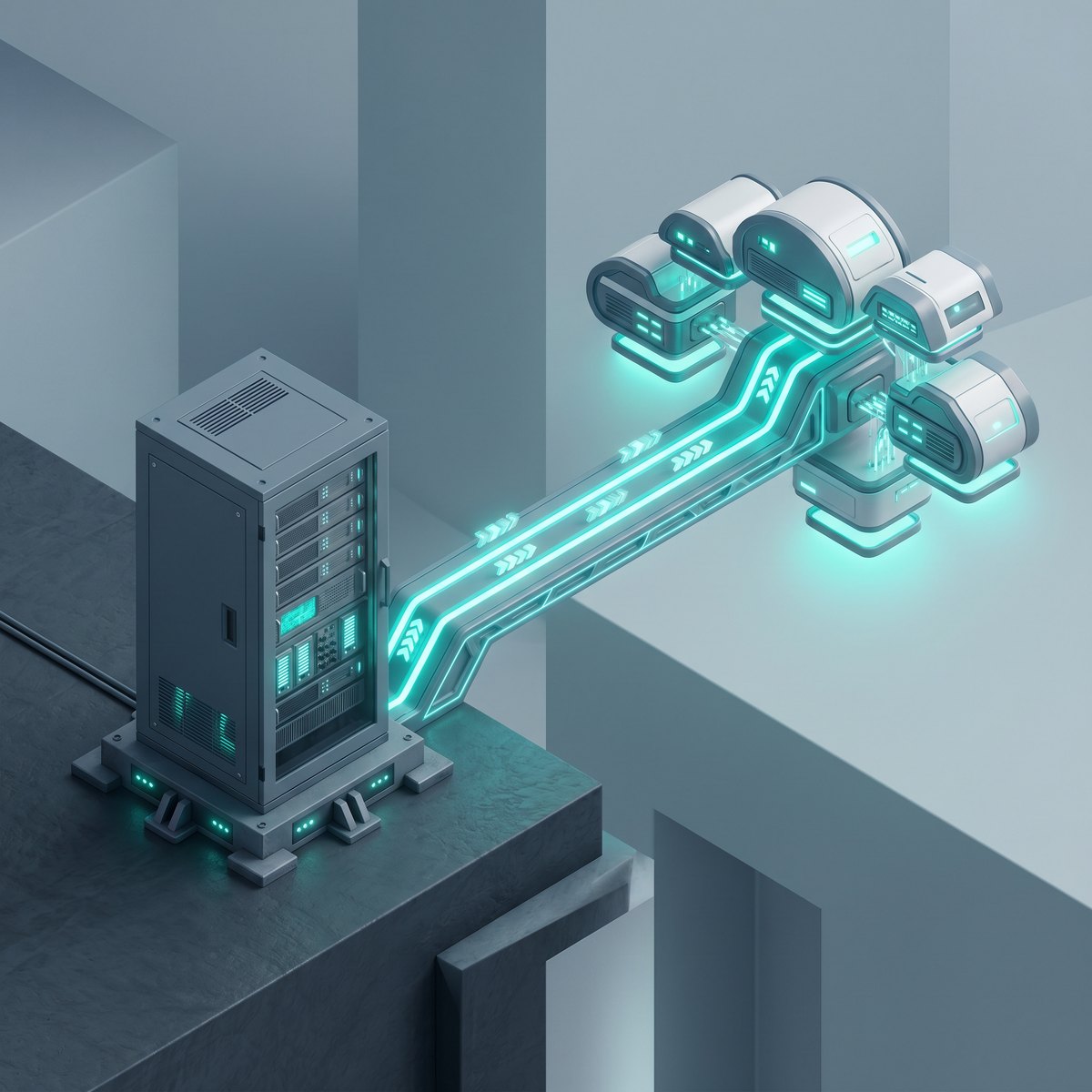 Isometric illustration of an on-prem rack bridged to a floating cloud cluster