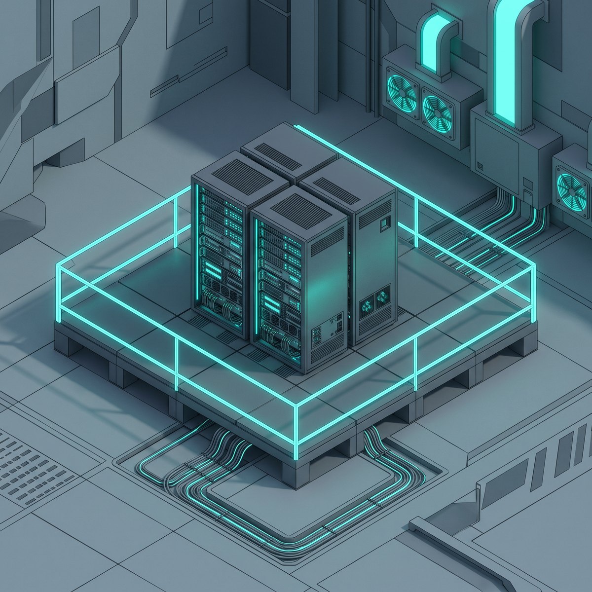 Isometric illustration of an on-premise server platform with cooling and cable routing