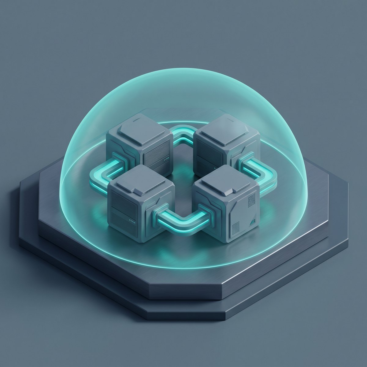 Isometric illustration of private cloud pods enclosed by a translucent boundary dome