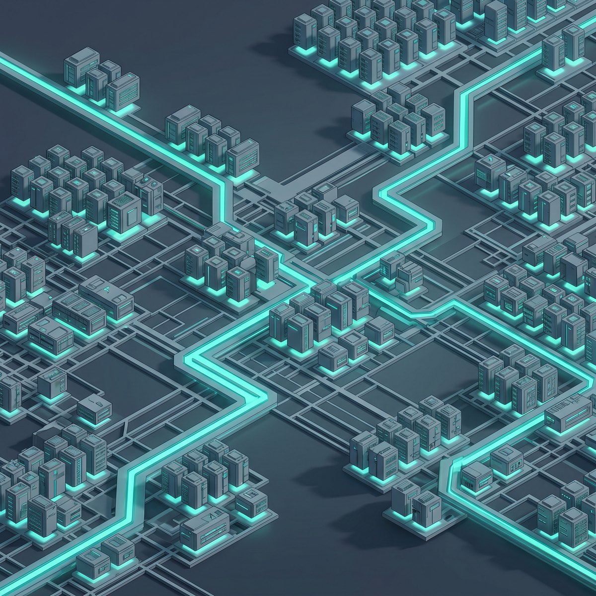 Isometric illustration of a distributed public cloud fabric connected by data corridors