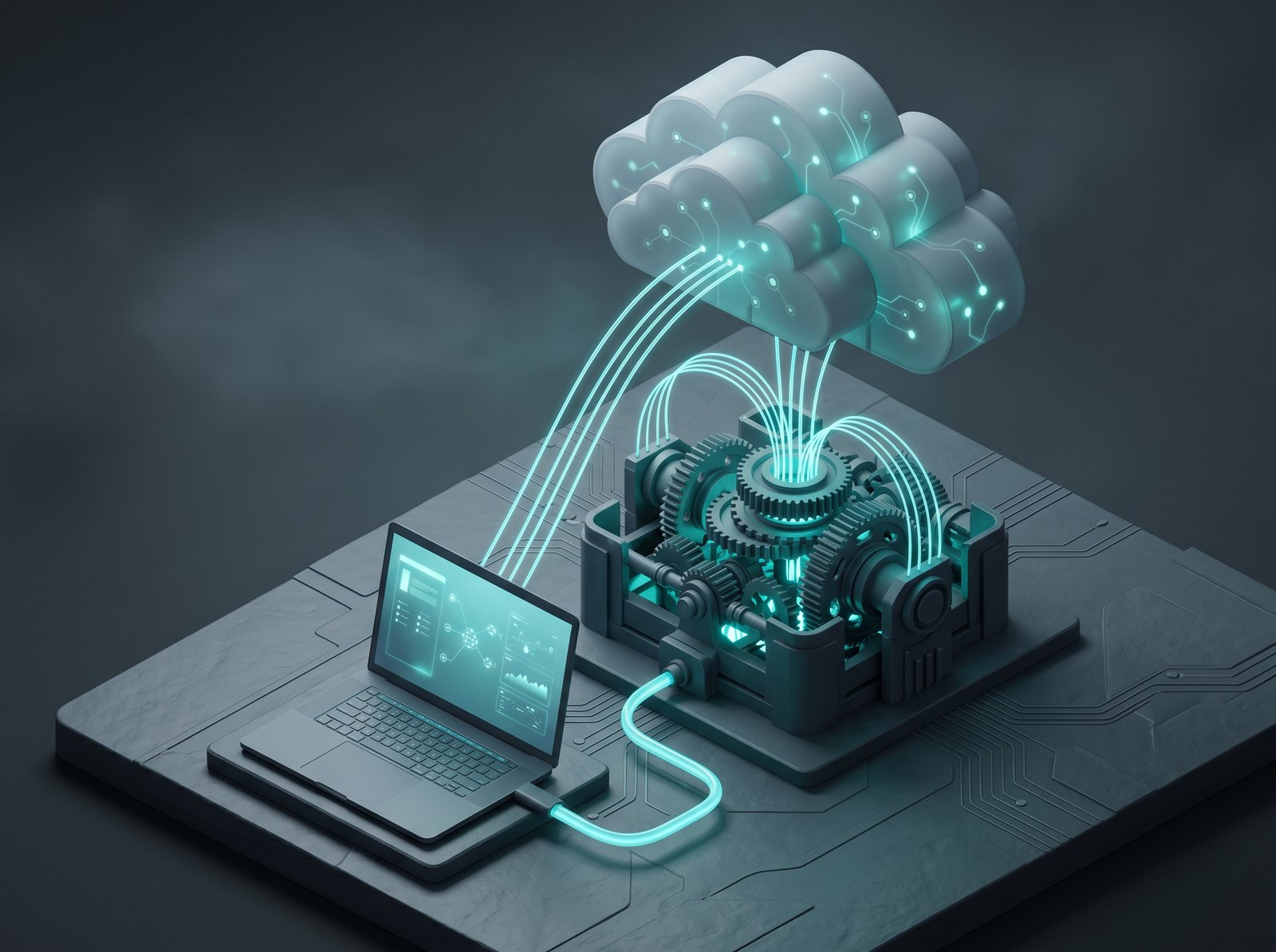 Isometric illustration of a laptop connected to the Selcomm engine of cogs with cloud streams above