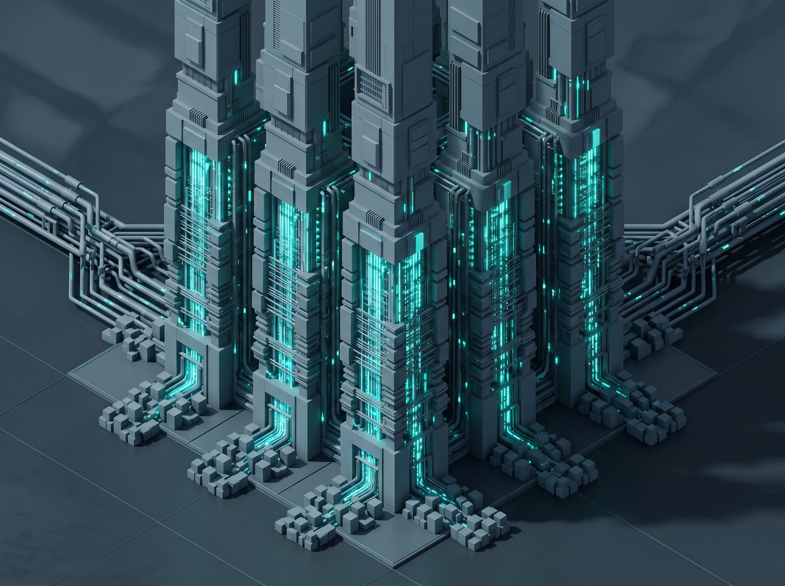 Isometric concept illustration: parallel processing columns of a carrier-grade rating engine, lit with teal data pulses, fed by mediation pipelines