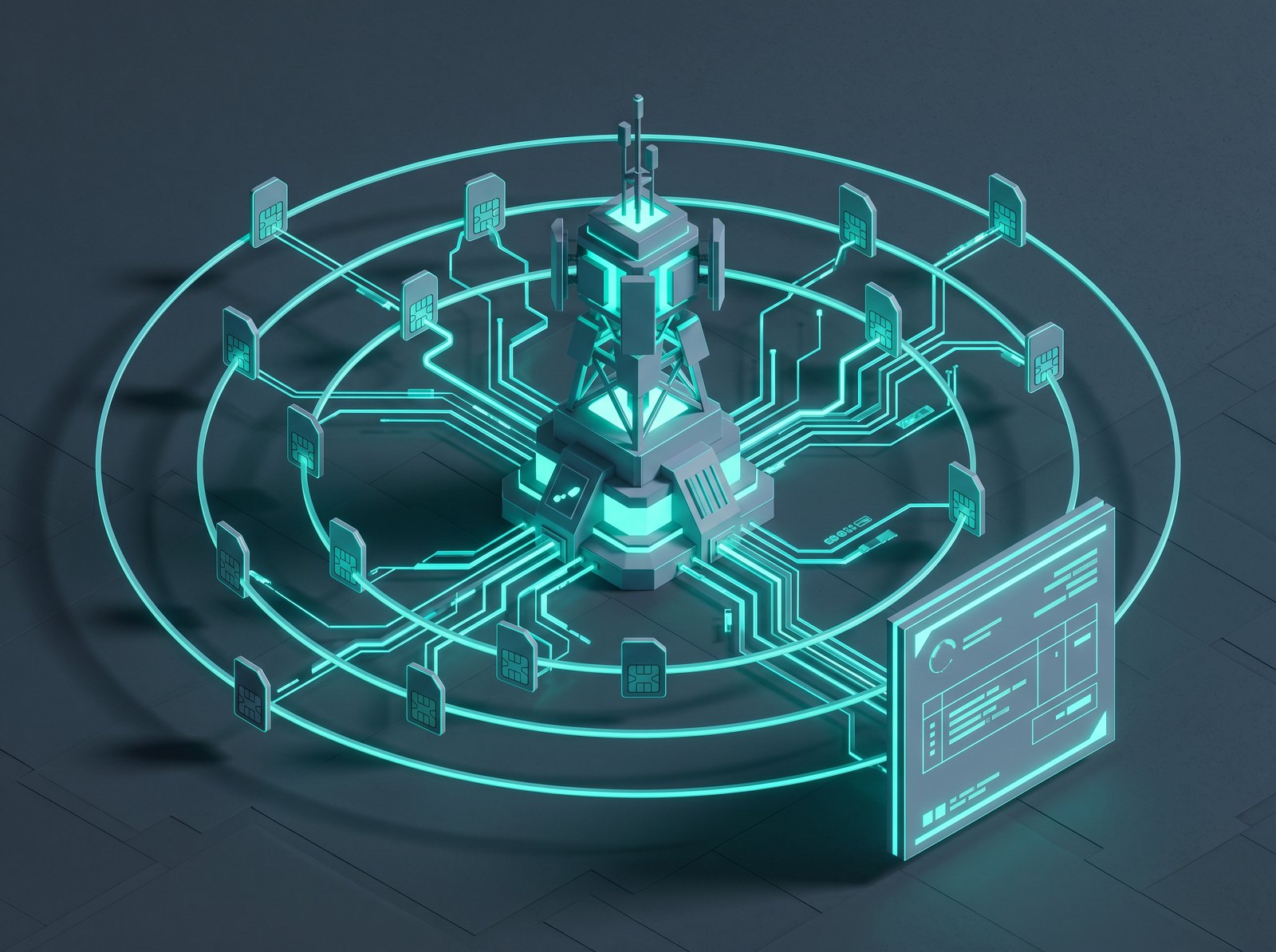 Isometric concept illustration: a central network module orbited by SIM-card endpoints with teal data flowing into an invoice panel