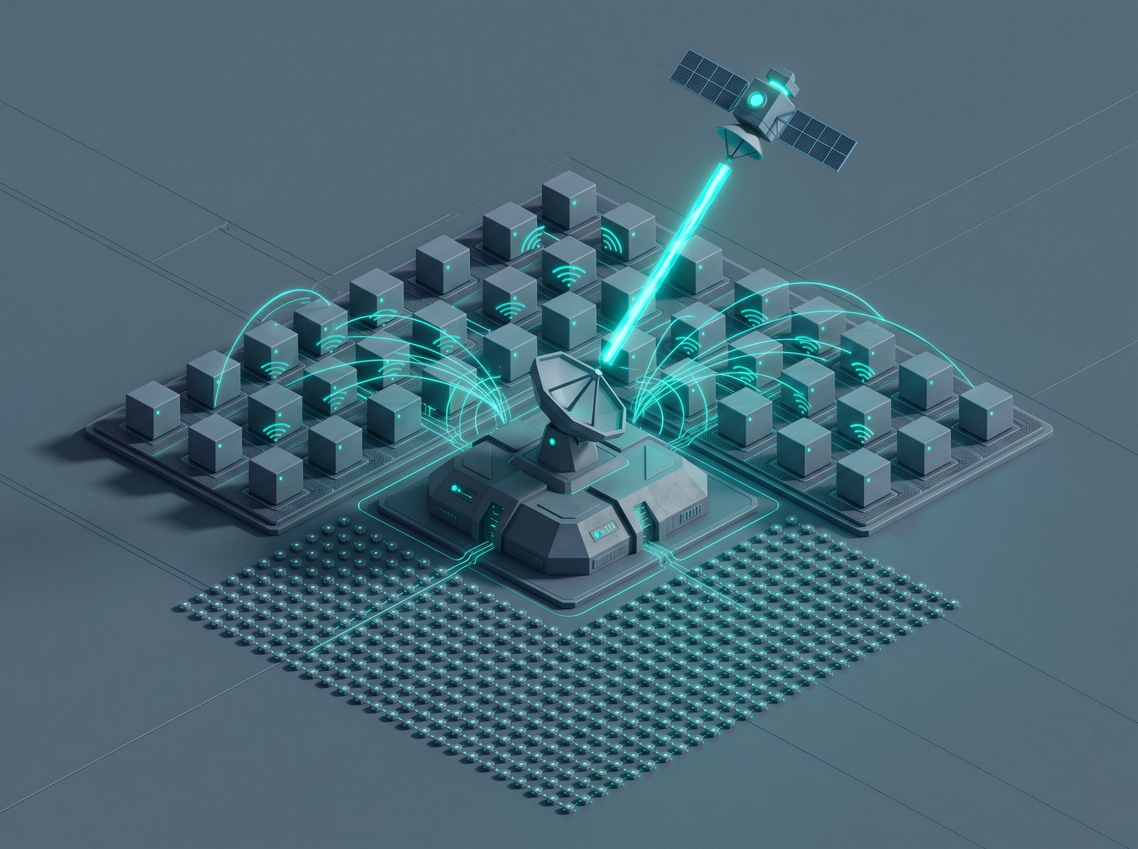 Isometric concept illustration: a ground station with a satellite beaming teal data, surrounded by a fleet of IoT endpoint devices