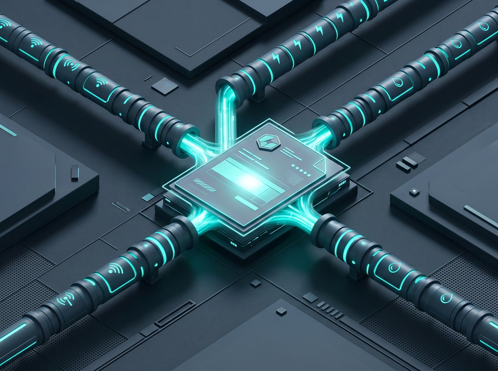 Isometric concept illustration: telecom, energy, and water service pipelines converging into a single invoice panel glowing teal