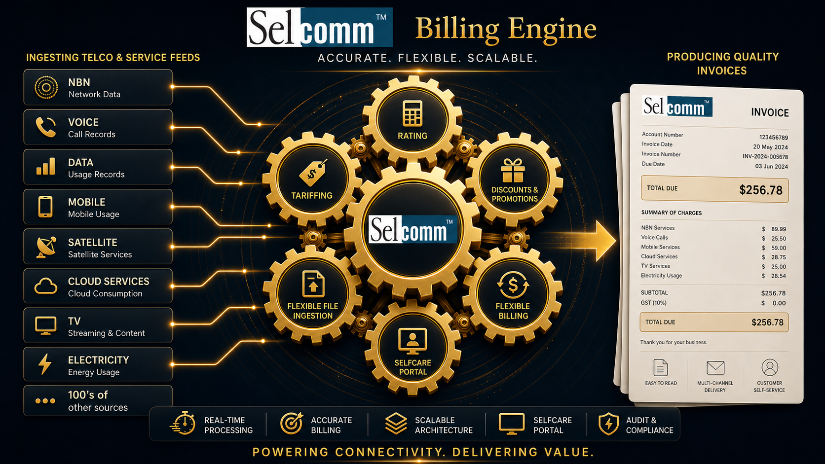 The Selcomm billing engine represented by four integrated coloured cog modules