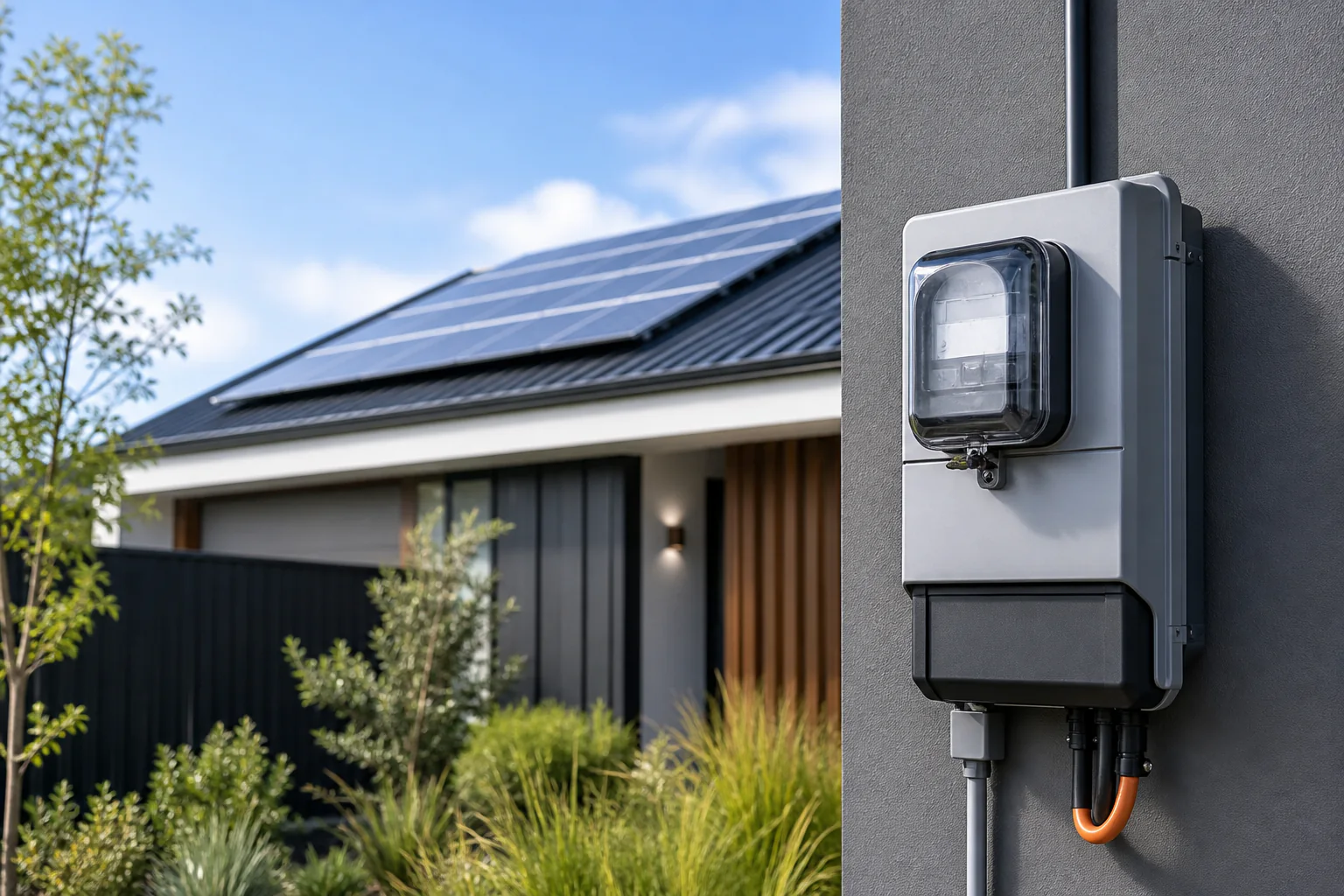 Smart electricity meter beside a contemporary Australian property with rooftop solar