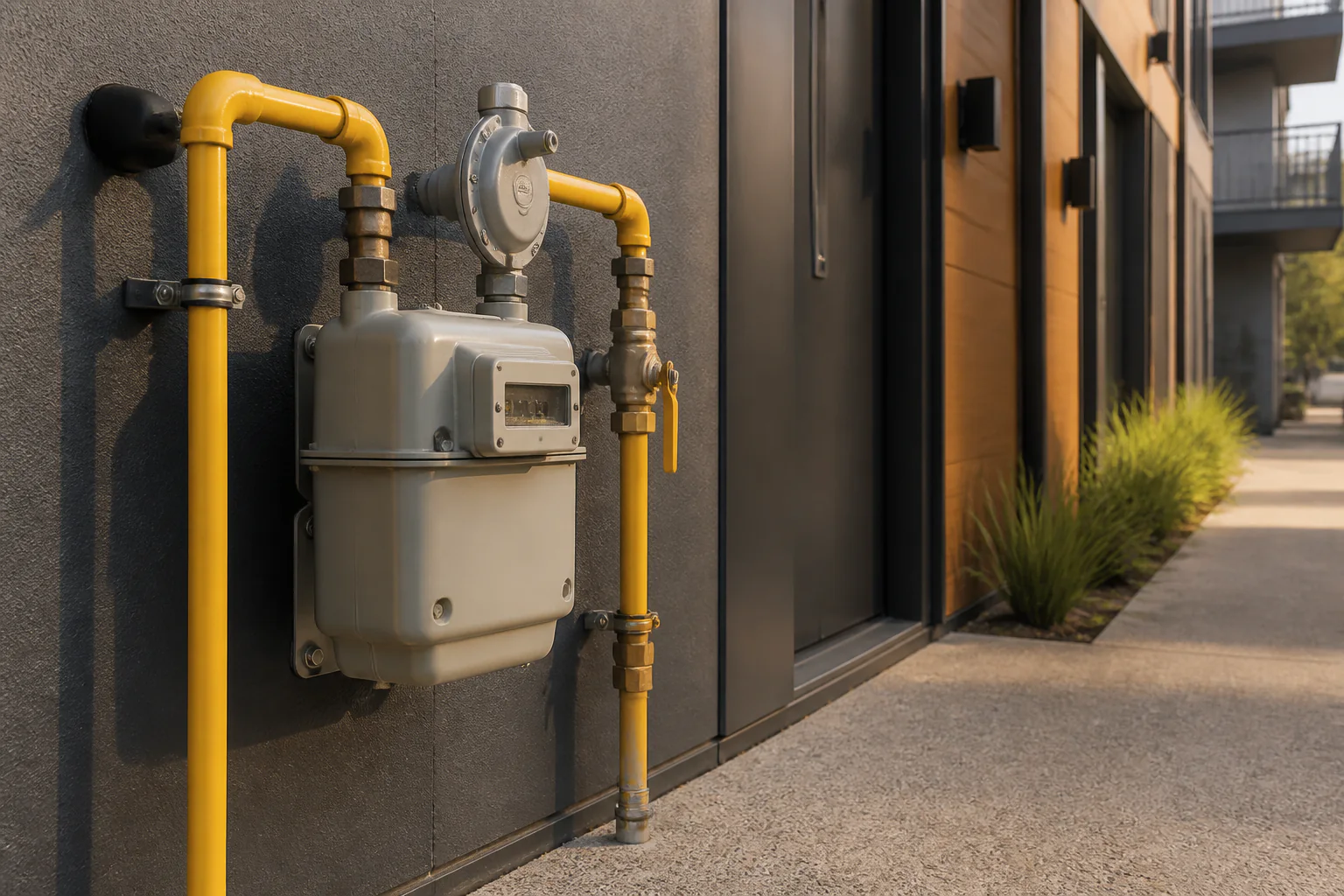 External gas meter and yellow gas pipework at a contemporary property