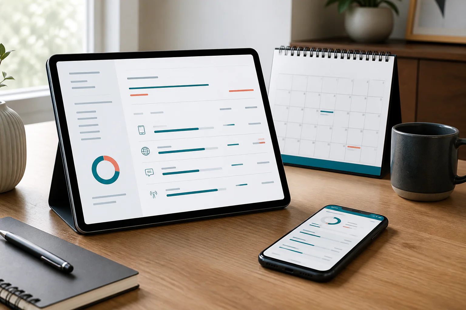 Monthly service usage and account billing displayed across a tablet and smartphone