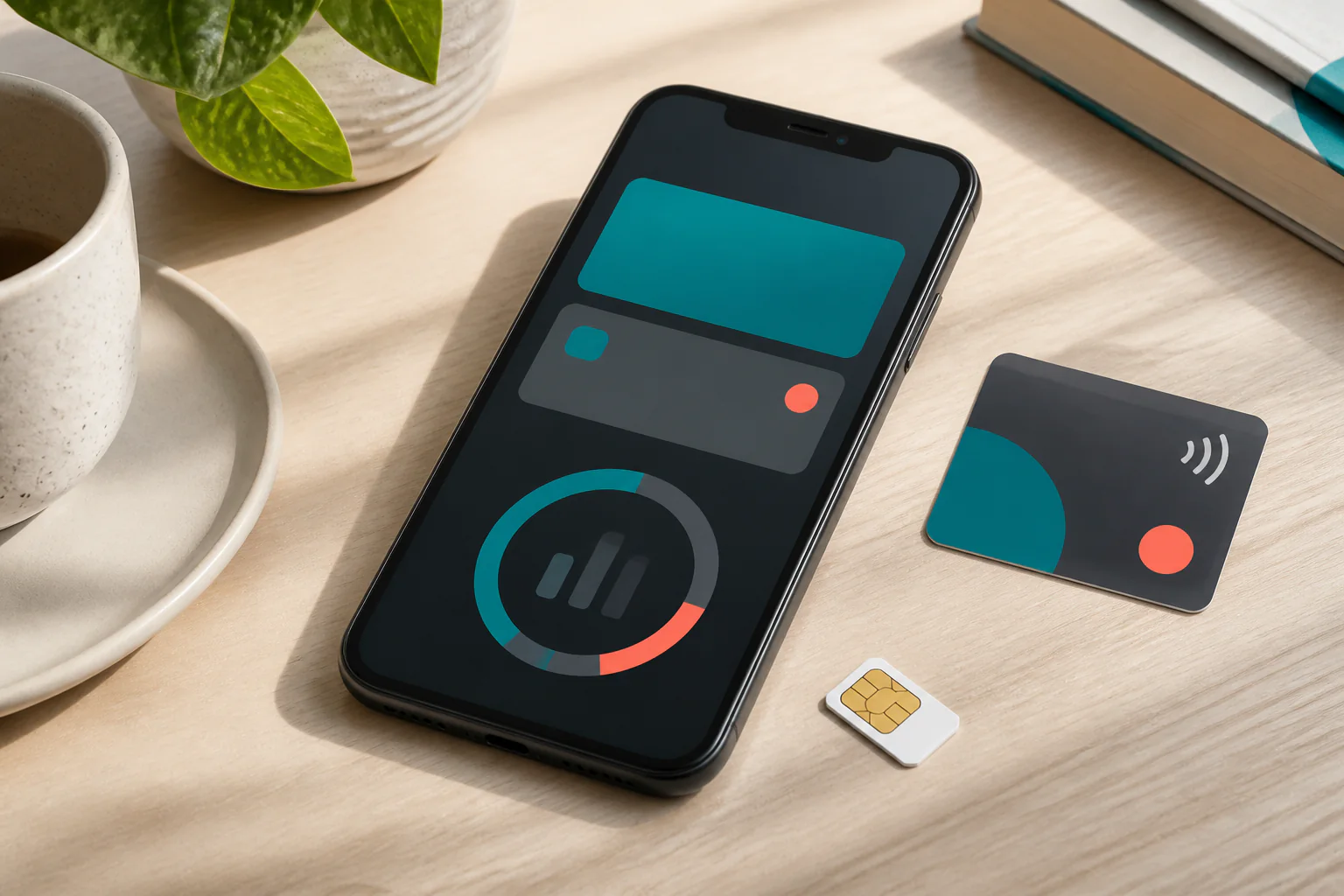 Smartphone, SIM and top-up card representing prepaid service balance and usage
