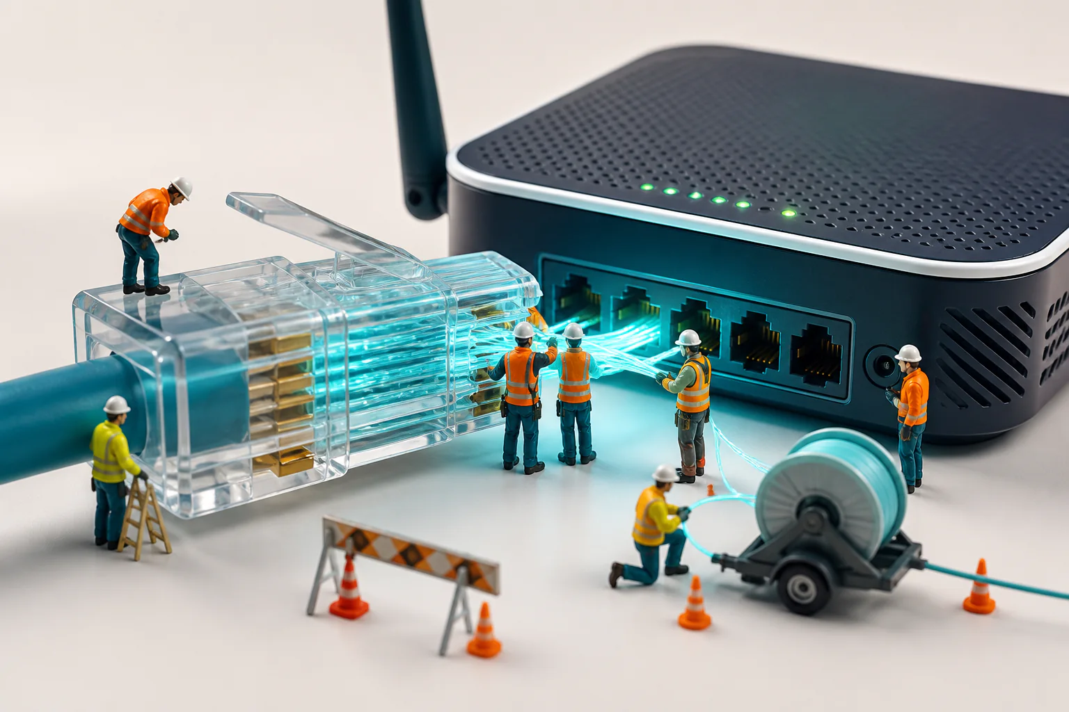 Miniature technicians connecting fibre to broadband network equipment