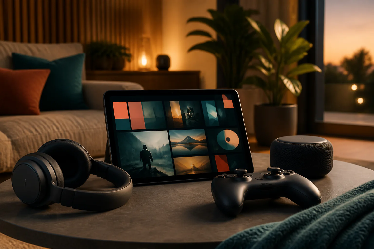 Tablet, headphones, game controller and smart speaker representing entertainment services