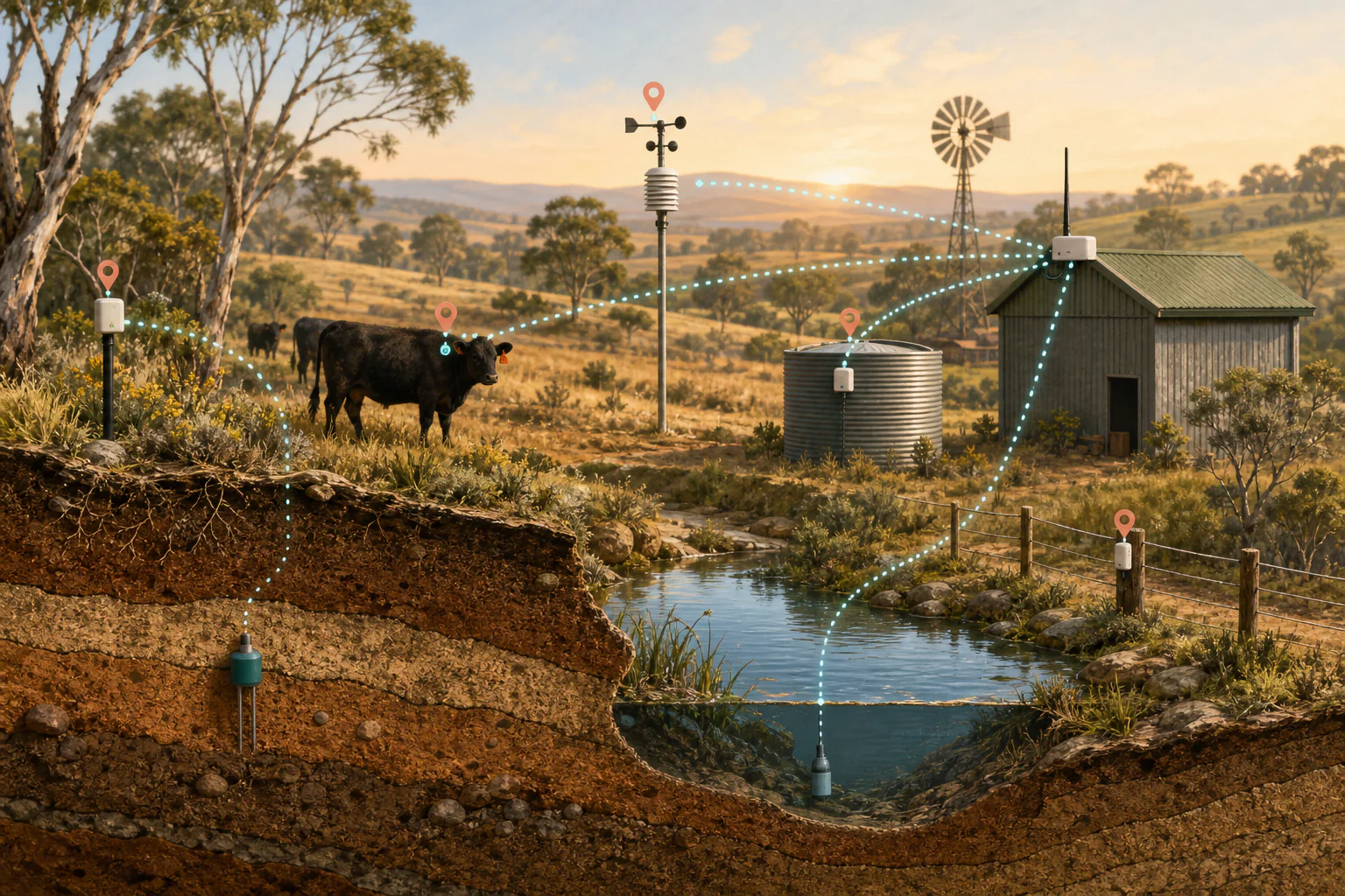 Low-power IoT sensors connecting rural assets to a remote gateway