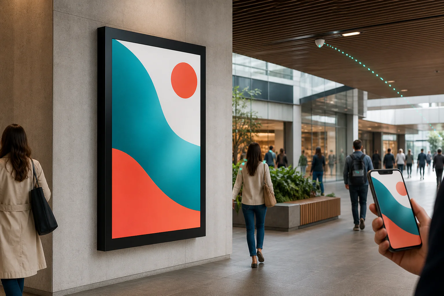 Digital signage, audience measurement and mobile engagement in a public concourse