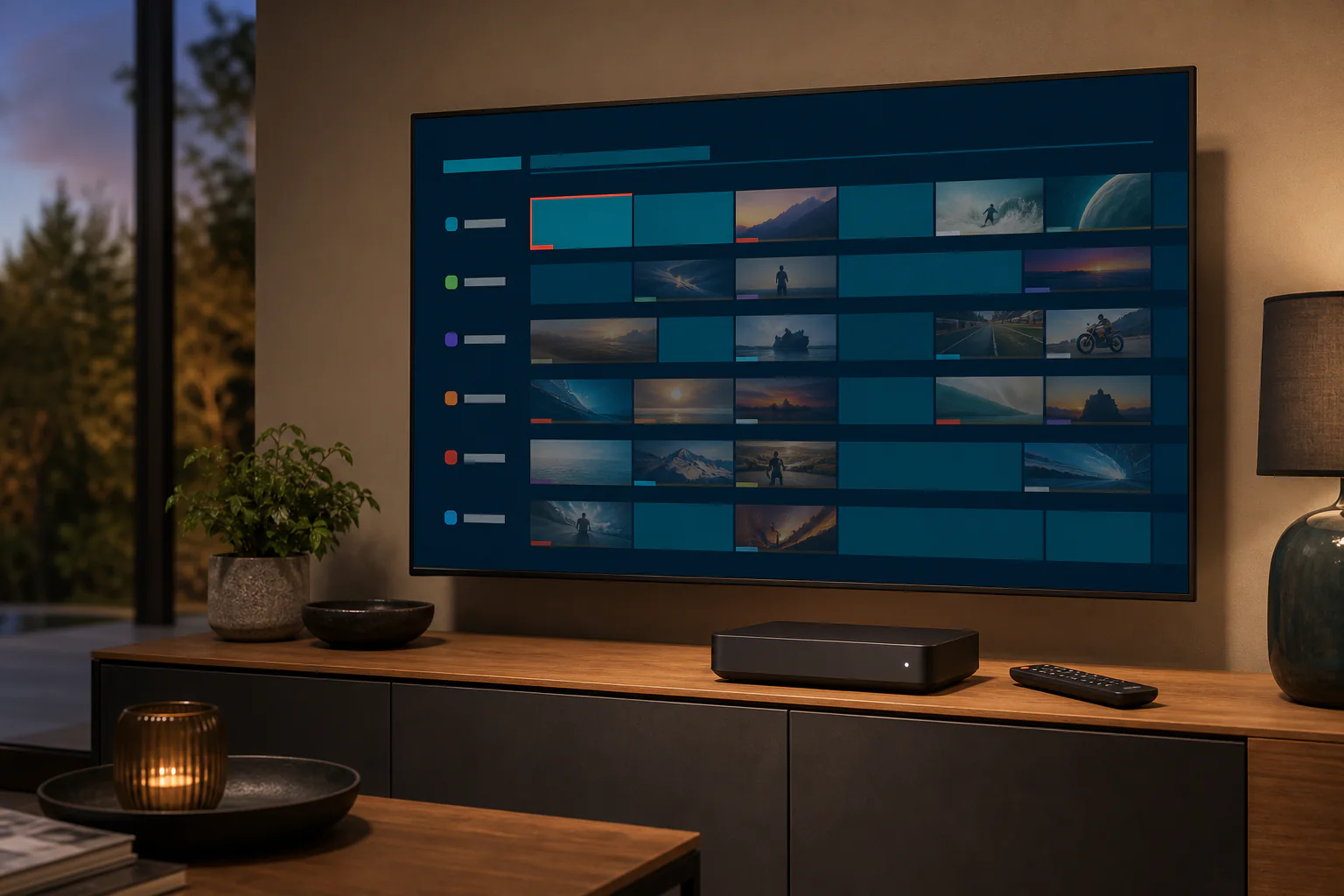 Subscription channel guide displayed above a Pay TV receiver and remote control