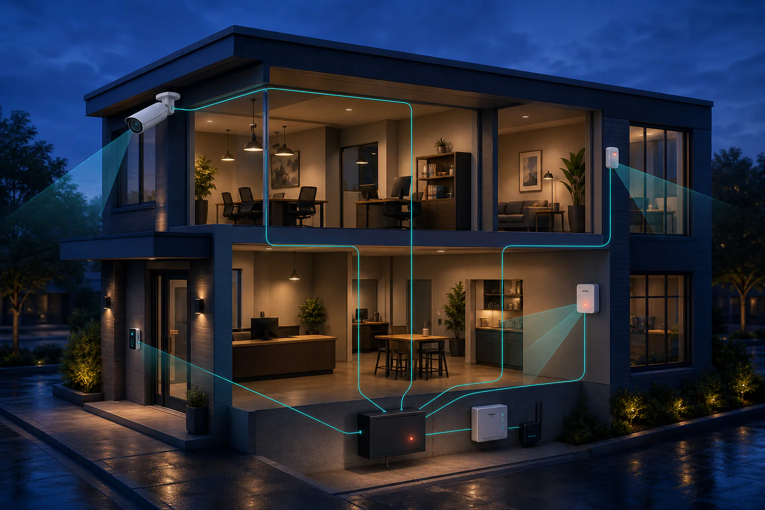 Connected cameras, access sensors and security devices protecting a business