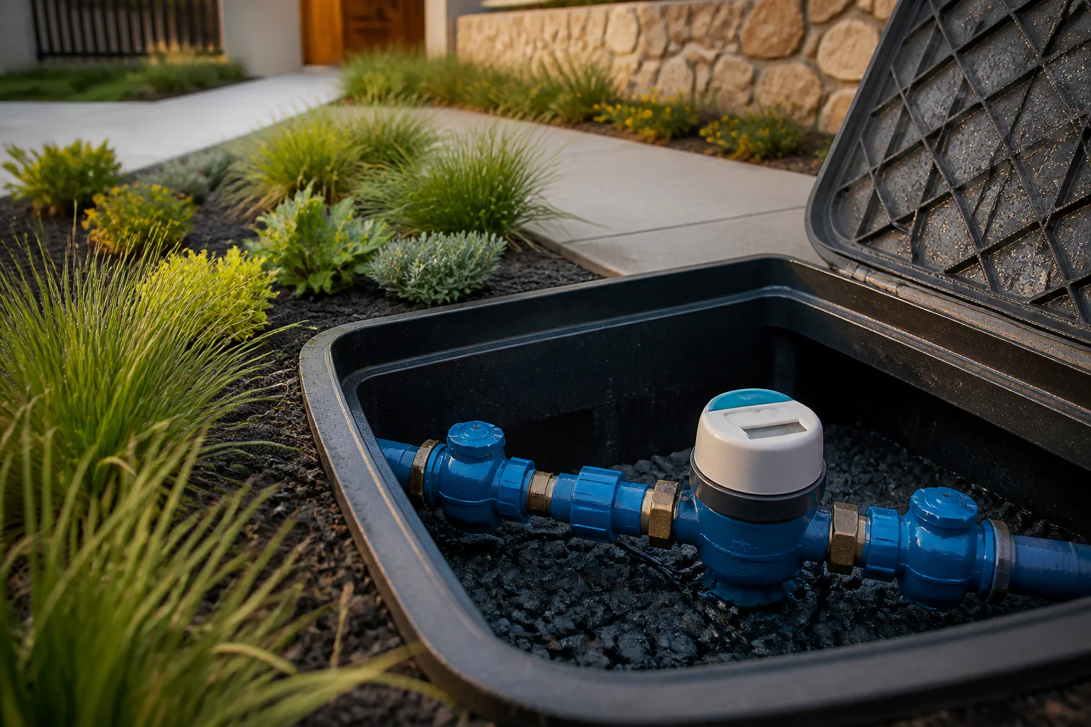 Smart water meter and blue pipework in a ground-level utility box